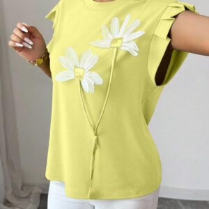 Elenzga T-shirt d'été et d'automne pour femmes avec fleurs 3D contrastées mignonnes