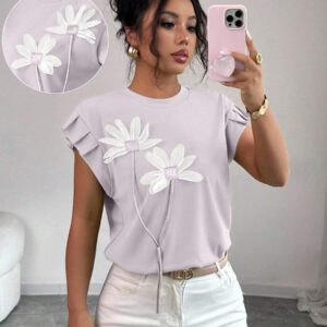 Elenzga T-shirt d'été et d'automne pour femmes avec fleurs 3D contrastées mignonnes