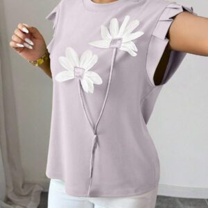 Elenzga T-shirt d'été et d'automne pour femmes avec fleurs 3D contrastées mignonnes