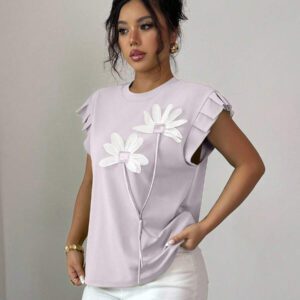 Elenzga T-shirt d'été et d'automne pour femmes avec fleurs 3D contrastées mignonnes