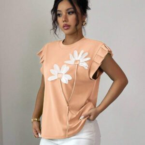 Elenzga T-shirt d'été et d'automne pour femmes avec fleurs 3D contrastées mignonnes