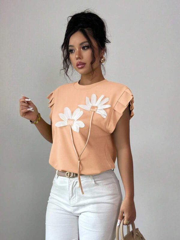 Elenzga T-shirt d'été et d'automne pour femmes avec fleurs 3D contrastées mignonnes – Image 33