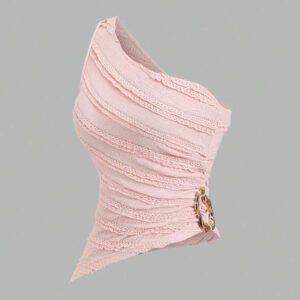 Sweetra Nouvelle blouse asymétrique à une épaule pour femmes, printemps et été, en tissu texturé avec décoration de boutons métalliques, convient pour les vacances à la plage
