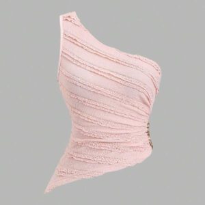 Sweetra Nouvelle blouse asymétrique à une épaule pour femmes, printemps et été, en tissu texturé avec décoration de boutons métalliques, convient pour les vacances à la plage