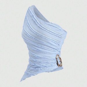 Sweetra Nouvelle blouse asymétrique à une épaule pour femmes, printemps et été, en tissu texturé avec décoration de boutons métalliques, convient pour les vacances à la plage