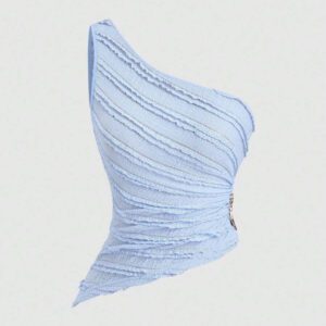 Sweetra Nouvelle blouse asymétrique à une épaule pour femmes, printemps et été, en tissu texturé avec décoration de boutons métalliques, convient pour les vacances à la plage