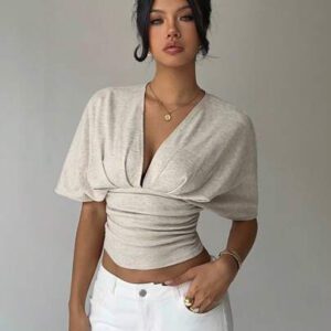 Aloruh T-shirt moulant à manches courtes, col en V profond et froncé pour femmes, couleur abricot