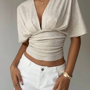 Aloruh T-shirt moulant à manches courtes, col en V profond et froncé pour femmes, couleur abricot