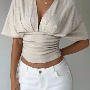 Aloruh T-shirt moulant à manches courtes, col en V profond et froncé pour femmes, couleur abricot
