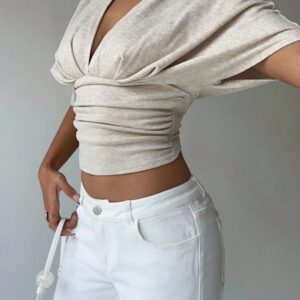 Aloruh T-shirt moulant à manches courtes, col en V profond et froncé pour femmes, couleur abricot