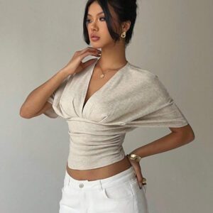 Aloruh T-shirt moulant à manches courtes, col en V profond et froncé pour femmes, couleur abricot