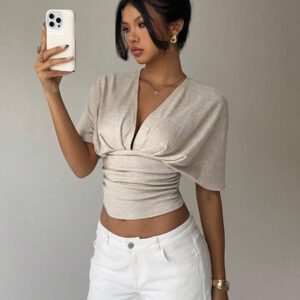 Aloruh T-shirt moulant à manches courtes, col en V profond et froncé pour femmes, couleur abricot