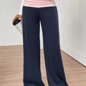 INAWLY Women's Casual Contrast Foldover Waist Wide Leg Sweatpants Graduation,Back To School Outfits,Graduation,Teacher Outfits For Women,Back To School Fall Cloth For Women