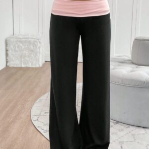 INAWLY Women's Casual Contrast Foldover Waist Wide Leg Sweatpants Graduation,Back To School Outfits,Graduation,Teacher Outfits For Women,Back To School Fall Cloth For Women