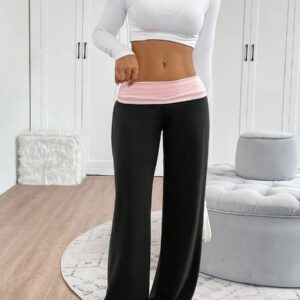 INAWLY Women's Casual Contrast Foldover Waist Wide Leg Sweatpants Graduation,Back To School Outfits,Graduation,Teacher Outfits For Women,Back To School Fall Cloth For Women
