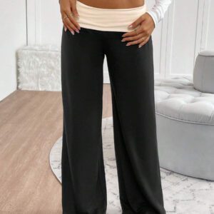 INAWLY Women's Casual Contrast Foldover Waist Wide Leg Sweatpants Graduation,Back To School Outfits,Graduation,Teacher Outfits For Women,Back To School Fall Cloth For Women