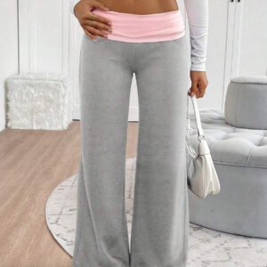 INAWLY Women's Casual Contrast Foldover Waist Wide Leg Sweatpants Graduation,Back To School Outfits,Graduation,Teacher Outfits For Women,Back To School Fall Cloth For Women