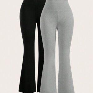 SHEIN Girlism Ensemble de 2 pièces de pantalons évasés noirs et gris à taille haute tricotés et élastiques décontractés pour adolescentes