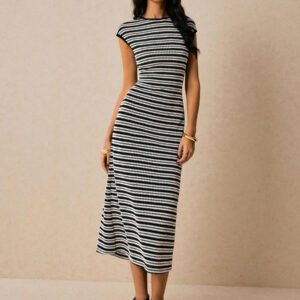 Poéselle Robe longue rayée décontractée et pratique pour femme, été
