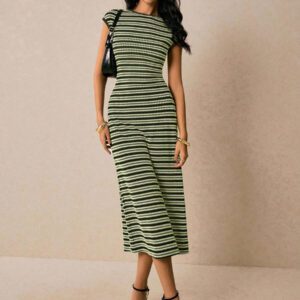 Poéselle Robe longue rayée décontractée et pratique pour femme, été