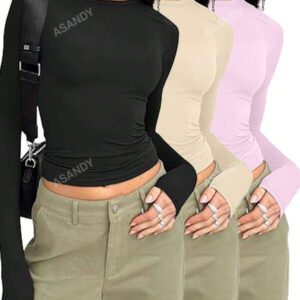 3 pièces/set T-shirt à manches longues et col rond unicolore pour femmes, hauts casual slim fit, pour le printemps et l'automne