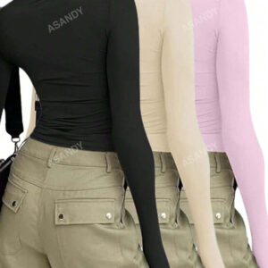 3 pièces/set T-shirt à manches longues et col rond unicolore pour femmes, hauts casual slim fit, pour le printemps et l'automne