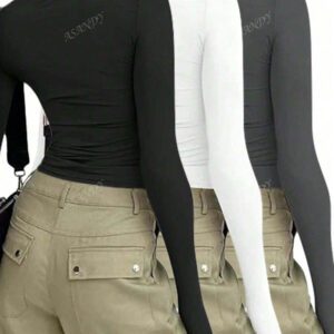 3 pièces/set T-shirt à manches longues et col rond unicolore pour femmes, hauts casual slim fit, pour le printemps et l'automne