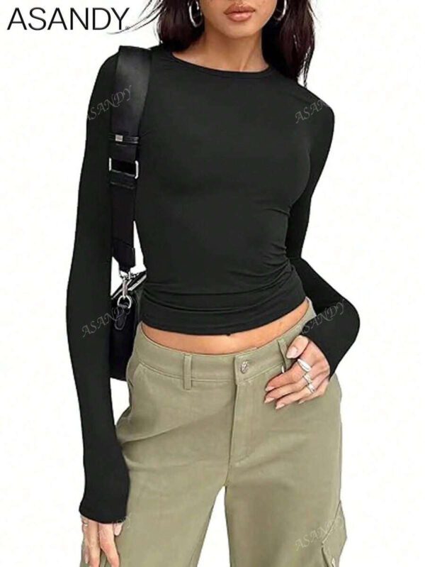 3 pièces/set T-shirt à manches longues et col rond unicolore pour femmes, hauts casual slim fit, pour le printemps et l'automne – Image 19