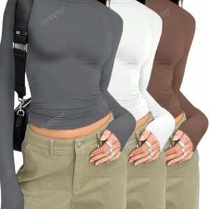 3 pièces/set T-shirt à manches longues et col rond unicolore pour femmes, hauts casual slim fit, pour le printemps et l'automne