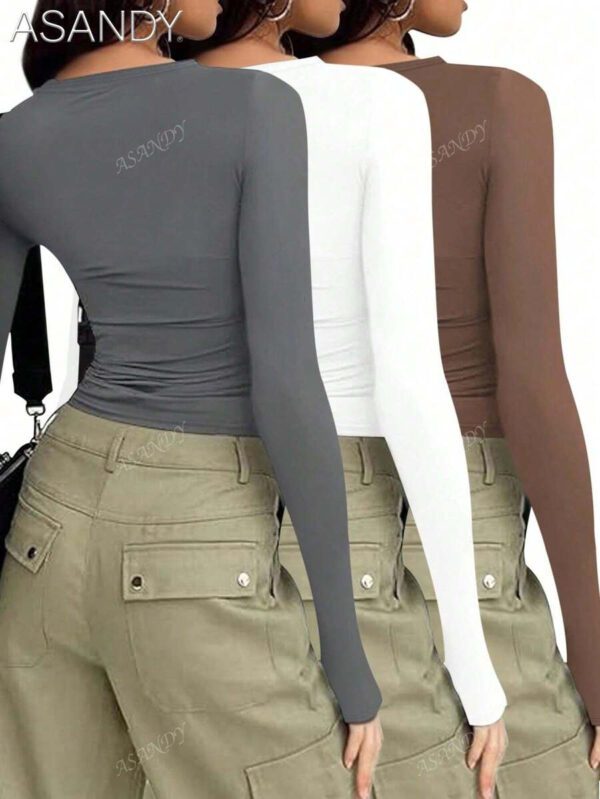 3 pièces/set T-shirt à manches longues et col rond unicolore pour femmes, hauts casual slim fit, pour le printemps et l'automne – Image 22