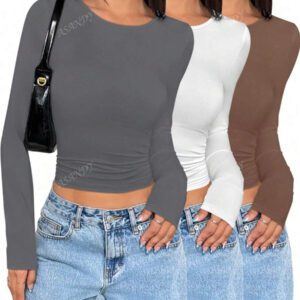 3 pièces/set T-shirt à manches longues et col rond unicolore pour femmes, hauts casual slim fit, pour le printemps et l'automne