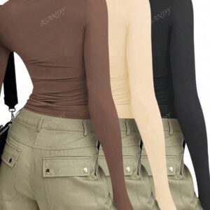 3 pièces/set T-shirt à manches longues et col rond unicolore pour femmes, hauts casual slim fit, pour le printemps et l'automne