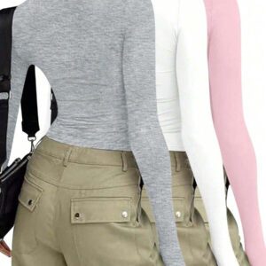 3 pièces/set T-shirt à manches longues et col rond unicolore pour femmes, hauts casual slim fit, pour le printemps et l'automne