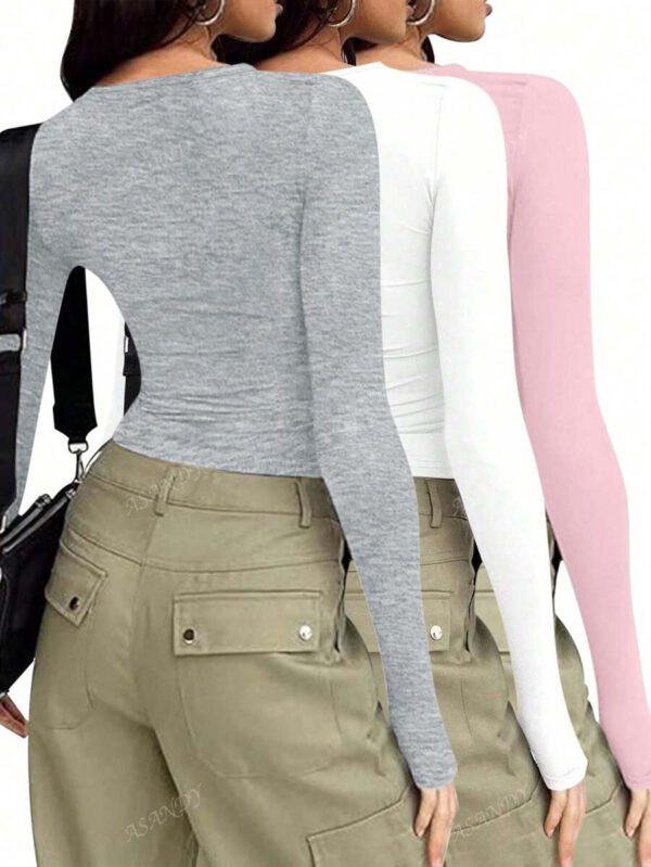 3 pièces/set T-shirt à manches longues et col rond unicolore pour femmes, hauts casual slim fit, pour le printemps et l'automne – Image 39