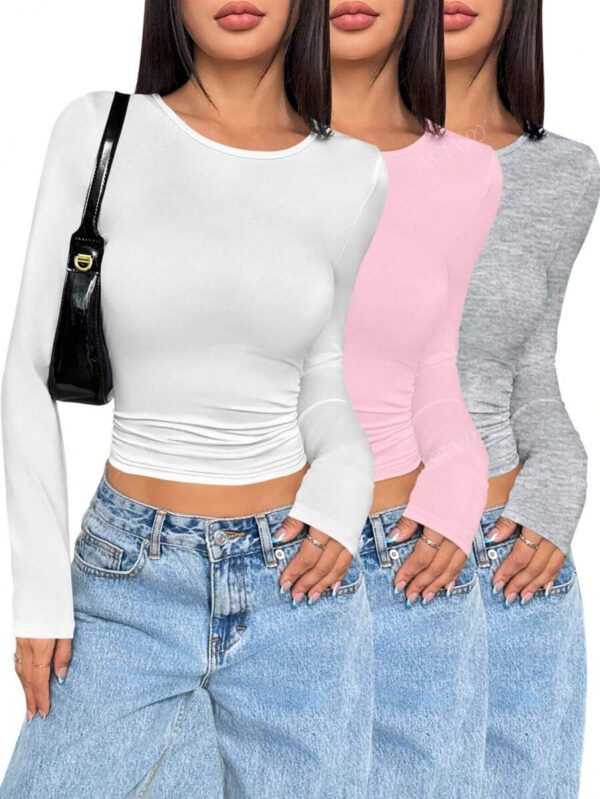 3 pièces/set T-shirt à manches longues et col rond unicolore pour femmes, hauts casual slim fit, pour le printemps et l'automne – Image 45