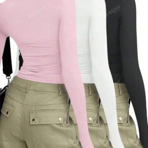 3 pièces/set T-shirt à manches longues et col rond unicolore pour femmes, hauts casual slim fit, pour le printemps et l'automne