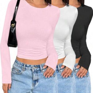3 pièces/set T-shirt à manches longues et col rond unicolore pour femmes, hauts casual slim fit, pour le printemps et l'automne