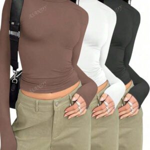 3 pièces/set T-shirt à manches longues et col rond unicolore pour femmes, hauts casual slim fit, pour le printemps et l'automne
