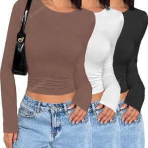 3 pièces/set T-shirt à manches longues et col rond unicolore pour femmes, hauts casual slim fit, pour le printemps et l'automne