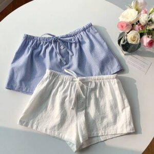Comfortcana 2 pièces Shorts à rayures en lin pour femmes