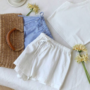Comfortcana 2 pièces Shorts à rayures en lin pour femmes