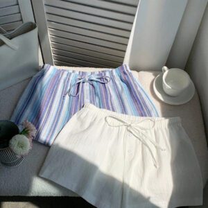 Comfortcana 2 pièces Shorts à rayures en lin pour femmes