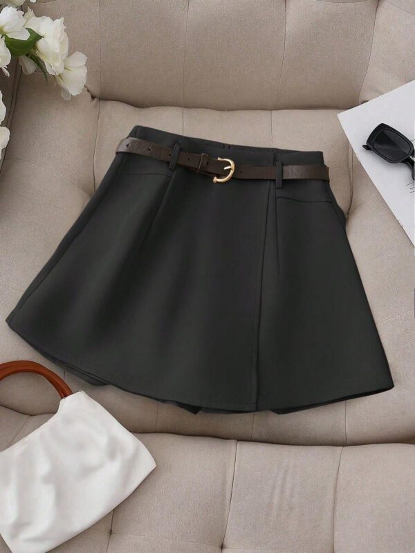 Franclia Jupe-short décontracté pour femmes de couleur unie avec faux poche et ceinture – Image 13