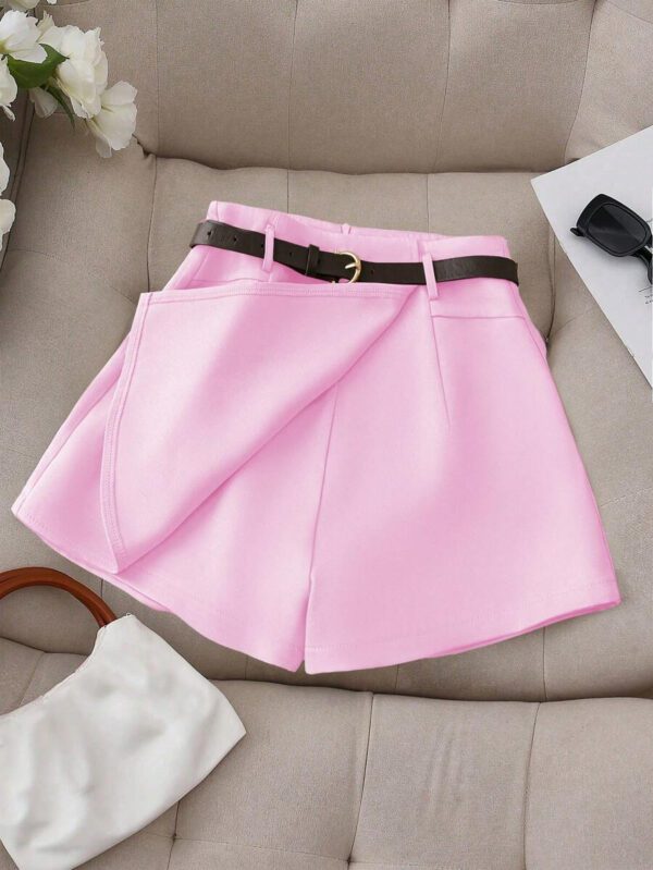 Franclia Jupe-short décontracté pour femmes de couleur unie avec faux poche et ceinture – Image 20