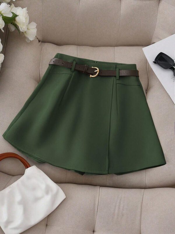 Franclia Jupe-short décontracté pour femmes de couleur unie avec faux poche et ceinture – Image 33