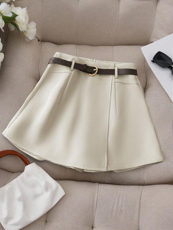 Franclia Jupe-short décontracté pour femmes de couleur unie avec faux poche et ceinture – Image 39
