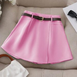 Franclia Jupe-short décontracté pour femmes de couleur unie avec faux poche et ceinture