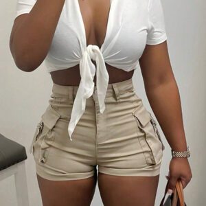 Shorts cargo de travail d'été confortables, décontractés et à détails de ruban et poches à rabat à taille haute élastique de rue vintage Y2K