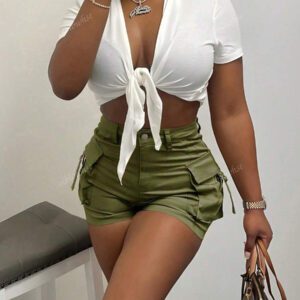 Shorts cargo de travail d'été confortables, décontractés et à détails de ruban et poches à rabat à taille haute élastique de rue vintage Y2K