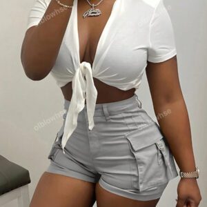 Shorts cargo de travail d'été confortables, décontractés et à détails de ruban et poches à rabat à taille haute élastique de rue vintage Y2K
